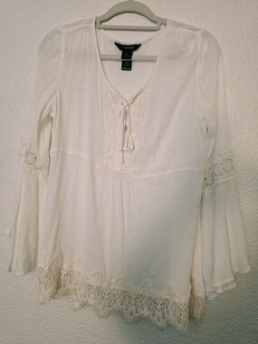 Ali Miles Cream Lace-Trim Peasant Top